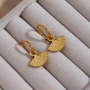 Créoles Bohèmes Vintage en Forme d'Éventail Acier Inoxydable Texturé Boucles d'Oreilles Géométriques Femme Bijoux