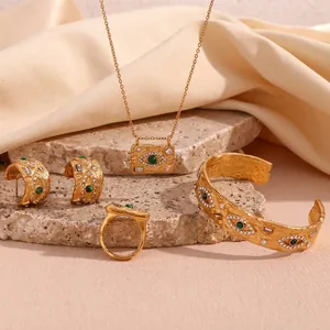 Set di Gioielli Occhio di Malachite in Acciaio Inossidabile Collana Orecchini Anello Bracciale Oro Martellato