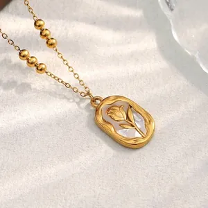 Collana Pendente Rosa Fiore Acciaio Inossidabile Placcato Oro 18K Madreperla Conchiglia Catena Perla Artificialta Vintage Per Donne