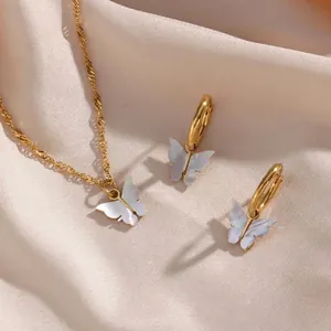 Elegante Schmetterling Anhänger Halskette Und Ohrringe Schmuck Vergoldeter Edelstahl Weißer Muschel Perlmutt Damen