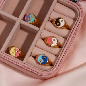 Yin Yang Tai Chi Signet Ring 18K Gold Plated Stainless Steel Colorful Enamel Finger Jewelry For Women Trendy Ins Style