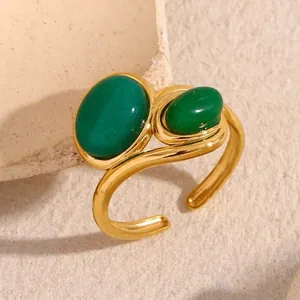 Double Green Gemstone Open Ring 18K Gold Plated Stainless Steel Vintage French Style Adjustable For Women