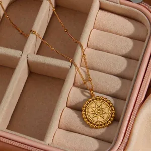 Vintage 18K Gold Plated Stainless Steel Star Round Disc Pendant Necklace Minimalist Embossed Sun Coin Jewelry For Women