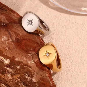 North Star Signet Ring Stainless Steel 18K Gold Plated Geometric Eight Point Star Zircon Celestial Jewelry For Women