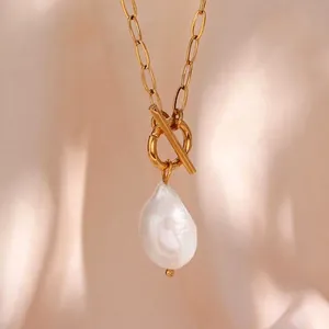 Baroque Freshwater Pearl Pendant Necklace For Women Stainless Steel Paperclip Chain 18K Gold Plated Toggle Clasp Fashion Jewelry