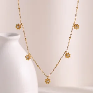 Collana Con Ciondolo A Fiore Placcata Oro 18K Acciaio Inossidabile Zircone Incastonato Catena A Sfere Diversi Fiori Donna