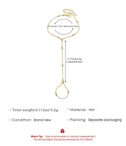 Detailed technical diagram of a gold-colored hand chain showing size and material specs