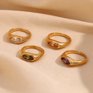 18K Gold Plated 316L Stainless Steel Marquise Zirconia Signet Ring For Women Minimalist Fashion Waterproof Jewelry Gift