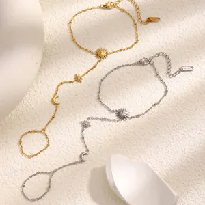 Sklavenarmband Edelstahl 18K Vergoldet Sonne Mond Stern Anhänger Finger Handschmuck Für Damen