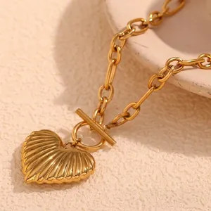 Heart Pendant Necklace 18K Gold Plated Stainless Steel Shell Texture OT Buckle Irregular Link Chain Fashion For Women