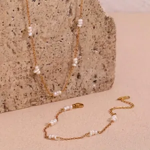 Stainless Steel Freshwater Pearl Necklace Bracelet For Women 18K Gold Plated Elegant Niche Handmade Fashion Jewelry Accessory