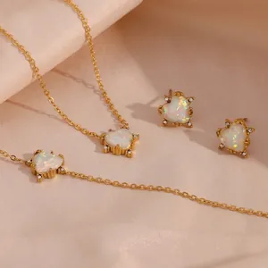 Vintage Edelstahl Herzform Künstlicher Opal Halskette Ohrringe Armband Gold Silber Plattiert Strass Schmuck Für Damen