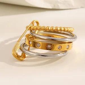Stackable Rings 18K Gold Plated Stainless Steel With Zircon And Safety Pin Decorative Element For Women Niche Fashion Jewelry