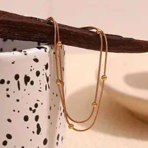 Double Layer Snake Chain Anklet Stainless Steel 18K Gold Plated Round Beads Minimalist Jewelry For Women Adjustable