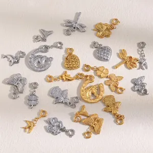 Stainless Steel Animal Charms Pendants Spring Clasp DIY Jewelry Making Butterfly Dragonfly Swallow Dolphin Heart 18K Gold