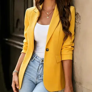 Fashionable women's slim-fit long-sleeved formal blazer jacket in vibrant yellow color