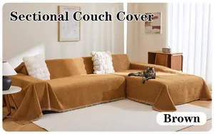 Chenille sectional couch cover detail in brown, soft textured fabric with elegant fringe edge.