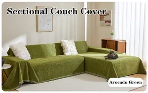 Avocado green chenille sectional couch cover, large L-shaped sofa throw blanket protector.
