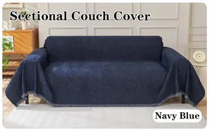 Chenille sectional couch cover in navy blue with fringe details, full protection sofa towel.