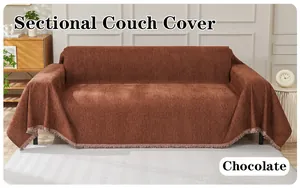 Chenille sectional couch cover detail, chocolate brown textured fabric with elegant fringe.