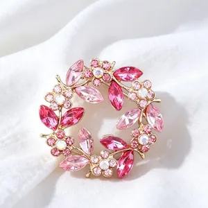 Elegant vintage crystal floral wreath brooch with pink rhinestones for women accessories