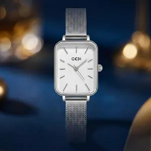 Montre à quartz minimaliste carrée GEDI élégante avec bracelet en maille argentée