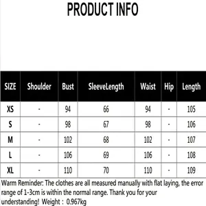 Detailed size chart for women's long-sleeve trench coat with specific bust and length info.