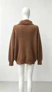 Detailed back view of a brown oversized loose knit cardigan with a large turn-down collar