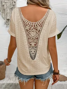 T-Shirt Boho Ajouré Crochet Floral pour Femme Été Dos en V Broderie Manches Courtes Haut Décontracté Plage Vacances