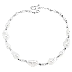 Elegant Baroque irregular pearl necklace with silver metallic beads and adjustable clasp