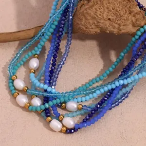 Collier en Perles de Cristal Bleu en Acier Inoxydable pour Femmes Avec Perle d'Eau Douce Unique Bijoux de Mode
