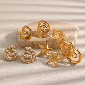 Stainless Steel Gold Plated Sea Star Conch Spiral Earrings Rhinestone Artificial Pearl Irregular Wire Wrapped Ring For Women Summer Beach Jewelry