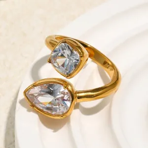 Elegant 18K gold plated stainless steel open ring with pear and cushion cut cubic zirconia