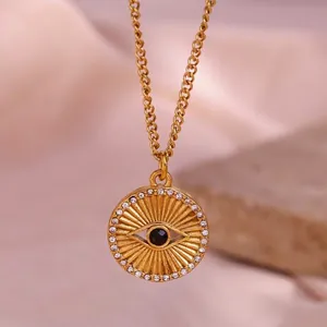 Collar Con Colgante De Moneda Evil Eye Chapado En Oro De 18K Acero Inoxidable Rhinestone Negro Sol Retro Minimalista Mujer