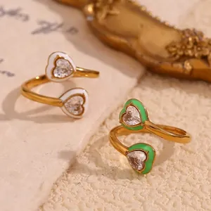 Bague Ouverte Zircon En Forme De Coeur Plaquée Or 18 Carats Acier Inoxydable Émail Réglable Bijoux Pour Femmes Cadeau