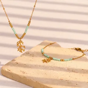 Edelstahl 18K Vergoldet Korallenzweig Halskette Und Armband Grüne Natursteinperlen Schmuck Für Frauen