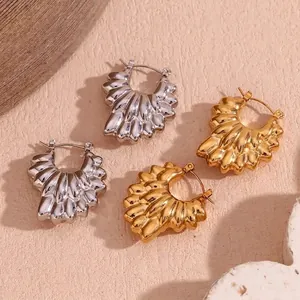 Stainless Steel Irregular Double Layer Petal Hollow Hoop Earrings 18K Gold Plated Textured Geometric Jewelry For Women