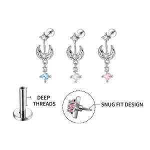 Titanium Internally Threaded Cartilage Piercing Stud Star Moon Anchor Pendant Rhombus Zirconia Ear Bone Stud For Women