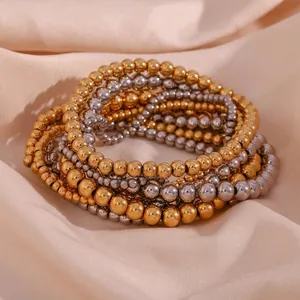 Pulsera Elástica De Cuentas Minimalista De Acero Inoxidable Chapado En Oro De 18K Joyería Apilable Para Mujeres