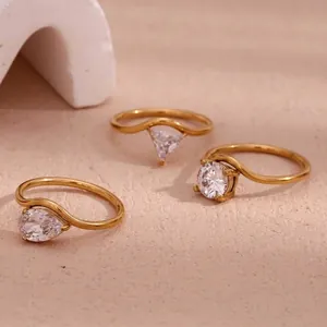 Minimalist Wave Band Ring 18K Gold Plated Stainless Steel Cubic Zirconia Waterdrop Round Triangle Jewelry For Women
