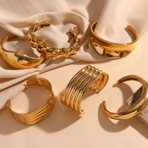 Bracciale Rigido Aperto in Acciaio Inossidabile Minimalista per Donna Oro Argento Geometrico Onda Bambù Multistrato Largo Moda Gioielli
