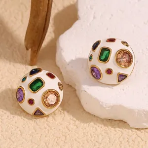 Orecchini A Lobo Cupola Acciaio Inossidabile Placcato Oro 18K Smalto Bianco Zirconi Colorati Gioielli Retrò Donna