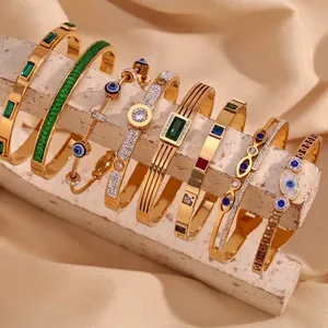 Stainless Steel Bangle Bracelet 18K Gold Plated Zircon Evil Eye Emerald Cut Luxury Fashion Jewelry For Women