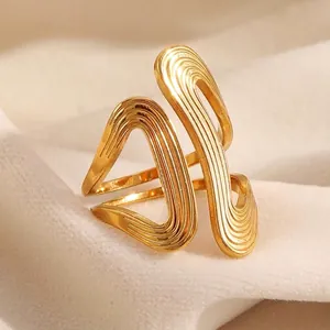 Stainless Steel Ring 18K Gold Plated Irregular Geometric Wave Line Adjustable Open Minimalist Fashion Jewelry For Women