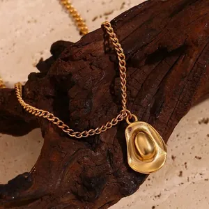 Western Cowboy Hat Pendant Necklace Stainless Steel 18K Gold Plated Vintage Boho Style Jewelry For Women