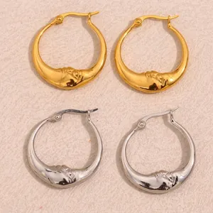 Boucles Oreilles Créoles Visage Lune Abstrait Acier Inoxydable 316L Plaqué Or 18K Bijoux Célestes Pour Femmes