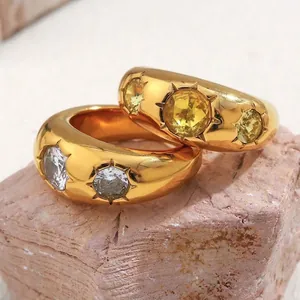 Chunky Dome Ring Stainless Steel 18K Gold Plated Zircon Starburst Setting Retro Vintage Jewelry For Women