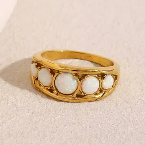 Opal Ring Vintage 18K Gold Plated Stainless Steel Row Jewelry For Women French Style Elegant Fashion Ring