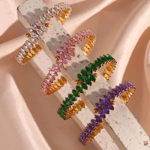 Luxurious Stainless Steel Marquise Zirconia Open Cuff Bracelet Gold Plated Double Layer Wrap Spiral Bangle Fashion Jewelry Women