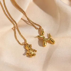 Stainless Steel Pendant Necklace 18K Gold Plated 3D Balloon Dog Teddy Bear Animal Fashion Jewelry For Women